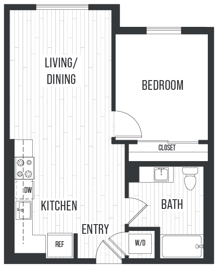 Floor plan 1A. One bedroom, one bath at Sixth & Jackson Apartments in Japantown, San Jose.